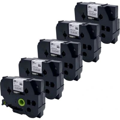 Afbeelding van DULA Brother Compatible label tape Tze 151 5 cassettes P Touch Zwart op transparant 24mm x 8m