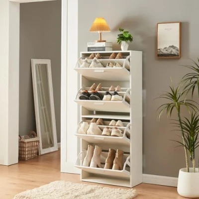 Afbeelding van Schoenenkast Sykkylven 4 kleppen wit 134x60x24 cm [en.casa]