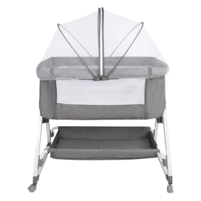 Afbeelding van Lit Cododo bébé avec Matelas, Hauteur Réglable à 6 Niveaux, d’Appoint Bebe Evolutif roulettes, de Voyage Pliable, Panier Rangement, 0 2 ans 80 * 40 100 115cm lin
