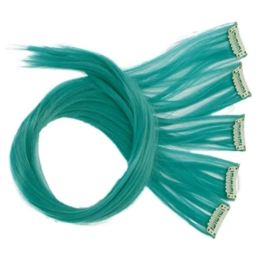 Afbeelding van CAISHA 60 cm, kleurrijke strengen, clip in extensions, glad, lang, haarstukje, blauwgroen, BST125