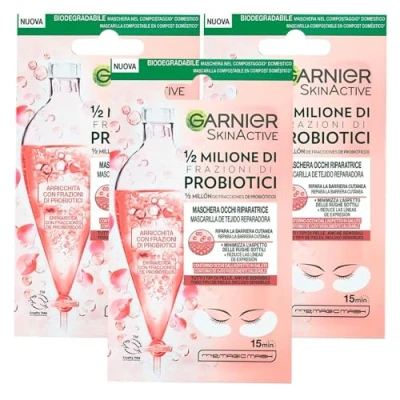 Afbeelding van Garnier SkinActive Herstellend Oogmasker, 1/2 miljoen fracties van probiotica, voor alle huidtypes, minimaliseert fijne rimpels biologisch afbreekbare stof, 3 verpakkingen met elk 1 toepassing