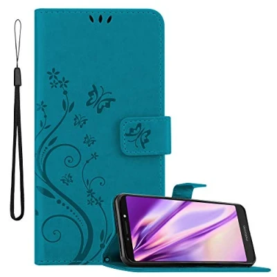Afbeelding van Cadorabo Hoesje geschikt voor Motorola MOTO E5 PLUS in BLOEMEN BLAUW Beschermhoes bloemmotief met magnetische sluiting, standfunctie en kaartsleuven Book Case Cover Etui