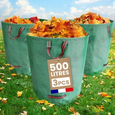 Afbeelding van 3 x 500 l vuilniszakken voor de tuin, duurzaam, van polypropyleen, buiten met versterkte handgrepen plantaardig afval, nuttig afval en recycling