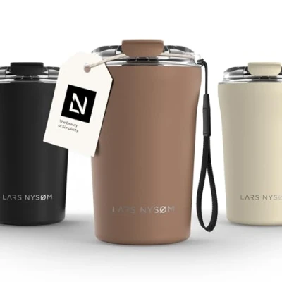 Afbeelding van LARS NYSØM &#039;Rørelse&#039; Thermo Coffee Mug to go 380ml BPA vrij Met Isolatie Draagriem &amp; Tritan Deksel Mocha Brown
