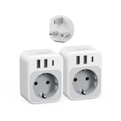 Afbeelding van TESSAN 2 stuks Engelse stekkeradapter, 4 in 1 Britse stekker met USB C en A, adapter 3250 W, UK naar Frankrijk, type G voor Ierland, Schotland