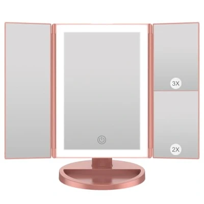 Afbeelding van WEILY make upspiegel met verlichting, vergrotende spiegel 1X/2X/3X, tri Fold led touchscreen, tafelspiegel, USB houder en batterij (roségoud)