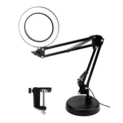 Afbeelding van QWORK® vergrootglas met licht, klem en sokkel, 10 loeplampen, 3 kleurmodi helderheidsniveaus, verstelbare draaibare armlamp, zwart