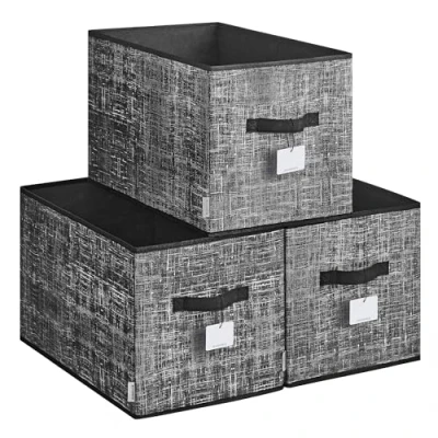 Afbeelding van SONGMICS 3 stuks opvouwbare stoffen opbergdozen 50 x 30 cm voor kast, 2 handgrepen, etiket slaapkamer, woonkamer, zwarte inkt ROB450B01