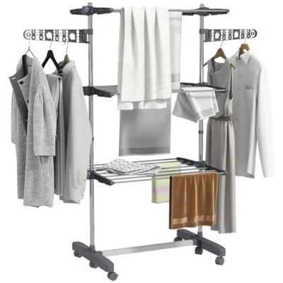 Afbeelding van HOMCOM Droogrek, opvouwbaar, zijvleugels, voor binnen en buiten, 142 x 55 172 cm, 4 niveaus, grijs (grijs, 152 cm)