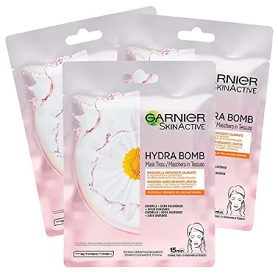 Afbeelding van 3 x Garnier SkinActive Hydra Bomb gezichtsmasker van hydraterende en rustgevende stof met kamille hyaluronzuur verpakkingen 1 applicatie