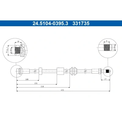 Afbeelding van ATE 24.5104 0395.3 Remslang 435mm M10x1mm FORD: Focus 2 Kombi, C Max