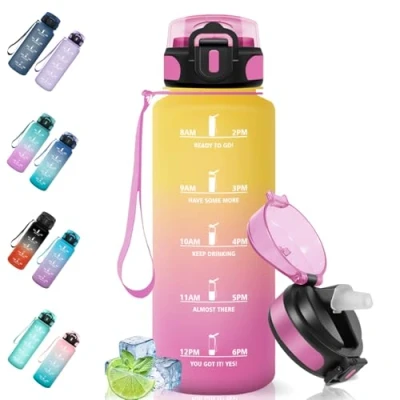 Afbeelding van Motswedi Sportfles, 1,5 l, lekvrij, rietje, BPA vrij, drinkfles met herbruikbaar, drinkfles, gemakkelijk te dragen, waterfles voor fietsen, kamperen, fitness, yoga, geelroze