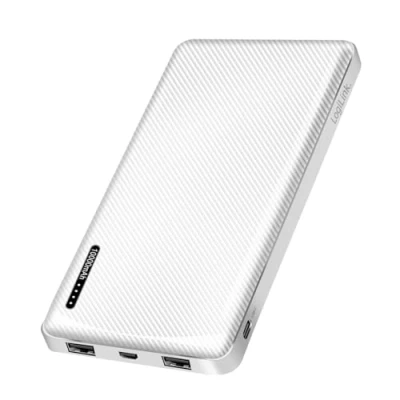 Afbeelding van Powerbank, 10.000 mAh, 2 x USB A + 1 C poort (voor apparaten) met snellaadfunctie, micro (opladen van de powerbank), wit