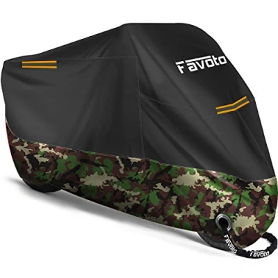 Image de Favoto Housse de Protection Imperméable pour Moto Couverture 210D avec Bande Réfléchissante, Résistant aux Poussière Pluie Neige UV Vent Soleil Déjections d&#039;oiseaux, 265x105x125cm Noir+Camouflage