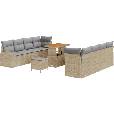 Afbeelding van vidaXL 11 delige Tuinbankset met Kussens Beige Poly Rattan Acacia, 2 zitter Tuinbank Rattan, 3 Tuin Eetset Acacia