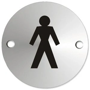 Afbeelding van Herentoilet bordje pictogram, Satijn Geanodiseerd Aluminium, Voorgeboord, 72mm Dia, Zilver en Zwart