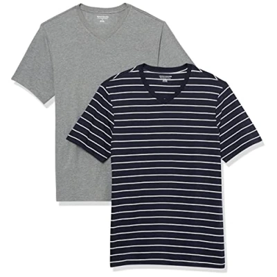 Image de Amazon Essentials Lot de 2 t shirts à manches courtes et col en V pour homme, coupe ajustée, gris chiné/bleu marine, taille L