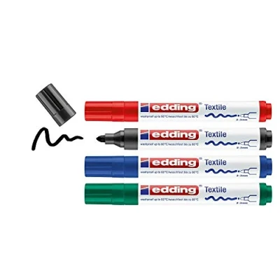 Afbeelding van edding 4500/4 textielmarker ronde punt 2 3 mm 4 verschillende kleuren kleding versieren na het strijken wasmachine bestendig