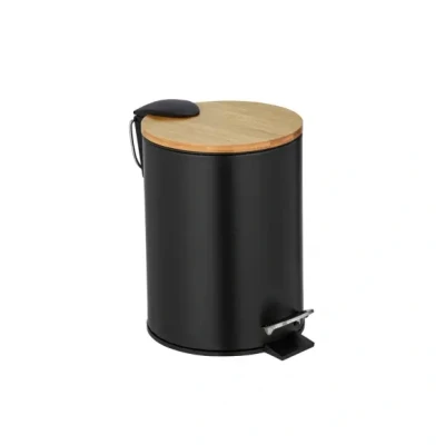 Afbeelding van Tortona cosmetische pedaalemmer, zwarte emmer met bamboe deksel, 3 liter, hoogwaardige badkamer afvalemmer easy close softclose mechanisme, gemaakt van satijn afgewerkt roestvrij staal, 17 x 23,5 21 cm
