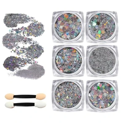 Afbeelding van Guyode Lot de 6 paillettes pour le visage, les paillettes, cheveux, gel liquide, maquillage, Halloween, carnaval (gris)