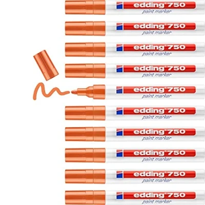 Afbeelding van edding 750 markers, oranje, 10 stiften, ronde punt, 2 4 mm, verfmarker voor metaal, glas, steen of kunststof, hittebestendig, permanent en waterdicht