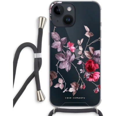 Afbeelding van Case Company® hoesje met Koord geschikt voor iPhone 14 Mooie bloemen Telefoonhoesje Zwart Extra Bescherming aan alle Kanten en Over de Schermrand