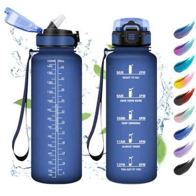 Afbeelding van sportfles, 1,5 l, drinkfles met rietje, gemakkelijk te openen, herbruikbare fles, sportfles motiverende tijdweergave, camping, reizen