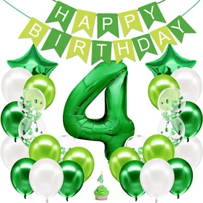 Afbeelding van verjaardagsdecoratie jongens groen nummer 4 jaar verjaardagsslinger ballonnen verjaardag kind decoratie