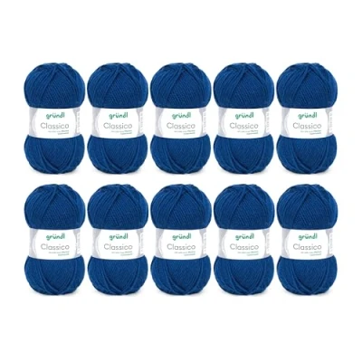 Image de Gründl Classico Lot de 10 pelotes laine à tricoter 50% vierge (mérinos) et polyacrylique, 50 g/120 m, taille des aiguilles : 3,5 4,5, bleu marine