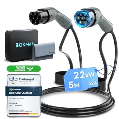 Afbeelding van bokman type 2 Oplaadkabel PHEV voor elektrische auto, modus 3 / 32 A, 22 kW, driefasig, 5 meter, snellaadkabel hybride plug in voertuigen,