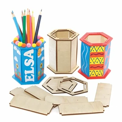 Afbeelding van Baker Ross FE522 set zeshoekige houten potloodpotjes, van 3, penhouder, schilder je eigen potloodhouder, handwerk voor kinderen