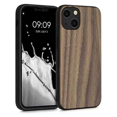 Afbeelding van kwmobile telefoonhoesje geschikt voor Apple iPhone 13 Hoesje met bumper in donkerbruin Backcover walnoothout