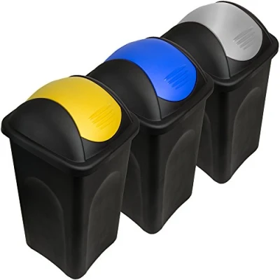Afbeelding van Afvalemmer met klapdeksel 3 Stuks elk 60L Geel Blauw Grijs