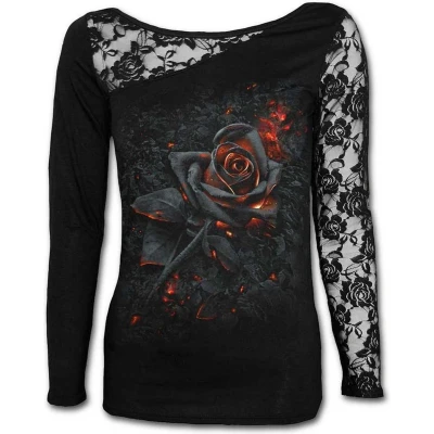 Afbeelding van Spiral Dames Burnt Rose bovendeel van asymmetrische kant in zwart, zwart.