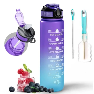 Afbeelding van K MART Sportwaterfles, 1000 ml, met motiverende tijdmarkering en rietje, lekvrij, BPA vrij, niet giftig, tritan, 1 klik opening, voor hardlopen, sportschool, blauw