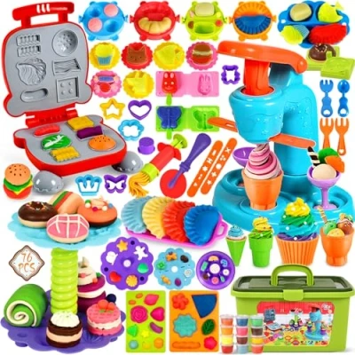 Afbeelding van Frasheng boetseerklei, 76 delige boetseerklei voor kinderen, accessoires van klei het maken hamburgers en pizza, pasta, gereedschap met 12 potten