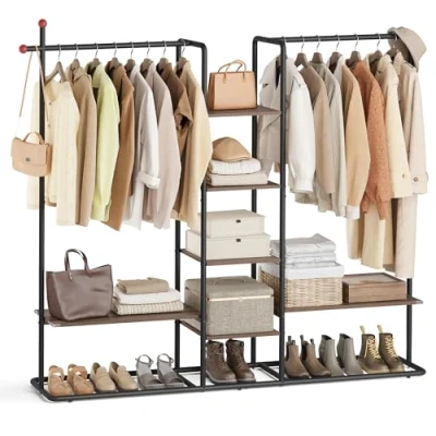 Afbeelding van SONGMICS HOME kledingrek, open kast, 6 planken, 2 kledingstangen, luciferhaken, voor slaapkamer, natuurlijk walnoot, inktzwart, RGR012B01