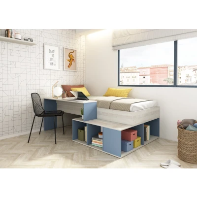 Afbeelding van Blake 1 persoonsbed met bureau en bergruimte Blauw/witgrenen