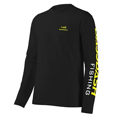 Afbeelding van Bassdash Heren vissen T shirts UV bescherming UPF 50+ shirt met lange mouwen, Zwart/Geel Logo, XXL