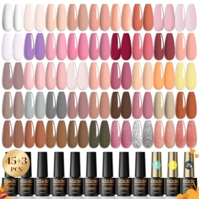 Afbeelding van ROSALIND semi permanente nagellak, 48 stuks, 45 kleuren + 1 basis toplaag glanzend, toplaag, mat, set gelnagellak, mini, roze, nude, uv led nagellak