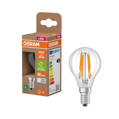 Afbeelding van Osram Ledlamp in klassieke minibalvorm, met decoratief led filament, energie efficiëntieklasse A, E14, 1,2 W, 255 lm, 4000 K, koud. Zonder verlichting, direct 100% licht.