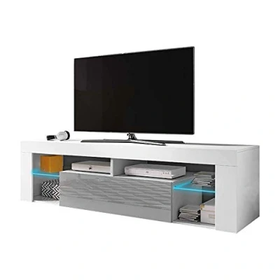 Afbeelding van Selsey Bianko TV kast laag meubel / bank met LED verlichting, mat wit/grijs, 140 x 35 50,6 cm