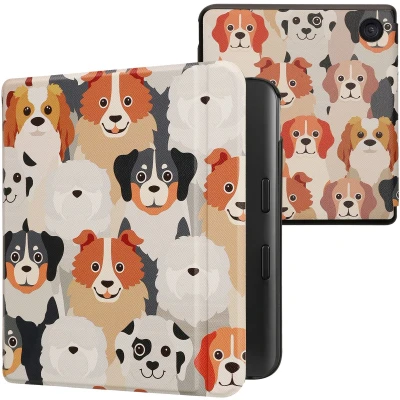 Afbeelding van kwmobile E reader hoesje geschikt voor Kobo Libra Colour hoes flip case met magnetische sluiting Ereader cover Honden Ontwerp design in wit / lichtbruin grijs