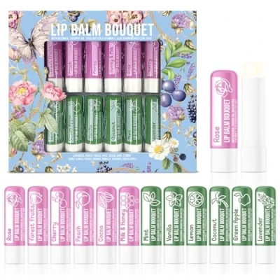 Afbeelding van Beauty4Britain Set van 12 luxe lippenbalsems, boeket verschillende geuren, uniseks, beschermt en herstelt hydraat, verrijkt met bijenwas, kokosolie, sheaboter, vitamine E aloë vera