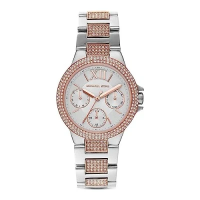 Afbeelding van Michael Kors Camille Dameshorloge, chronograaf uurwerk met roestvrijstalen of leren band, Zilverkleurig en roségoud, MK6846
