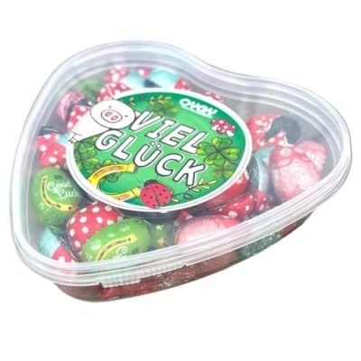 Afbeelding van 1 x OYOY geschenkdoos &quot;Viel Glück&quot; in hartvorm, gevuld met 500 g gelukschocolade, snoepdoos veel geluk, nieuwjaarscadeau