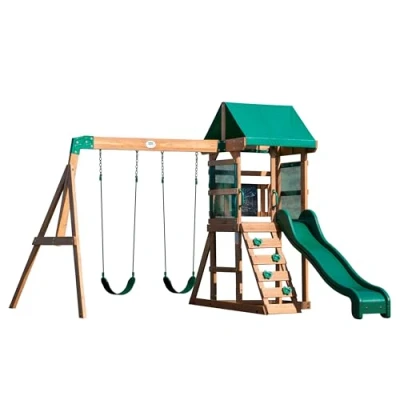 Afbeelding van Backyard Discovery Buckley Hill Speeltoestel Speeltoren met Schommels, Glijbaan, Zandbak en Klimladder Speelhuis verdieping van hout voor de tuin / buiten
