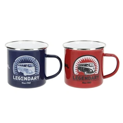 Afbeelding van BRISA VW Collection Volkswagen T1 Set van 2 email koffiekopjes, cappuccino kopjes, voor camping en outdoor, Bus (350 ml x 2/rood blauw)