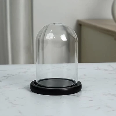 Afbeelding van BELLE VOUS glazen bel met zwarte houten sokkel, 9,7 cm hoog, transparante dienblad voor ledlampen, tafelopzetstukken en antiek
