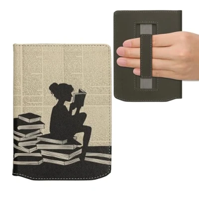 Afbeelding van kwmobile E reader hoesje geschikt voor Pocketbook Verse / Pro Color Vivlio Light HD hoes flip case met magneetsluiting Ereader cover Meisje boeken design in zwart beige
